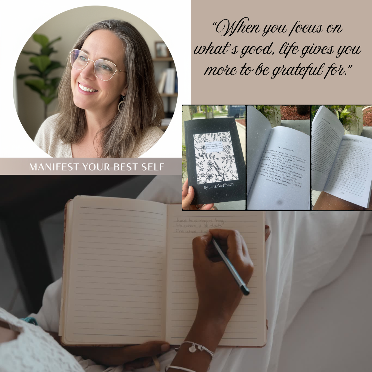 Gratitude journal prompt graphic with quote about focusing on the good